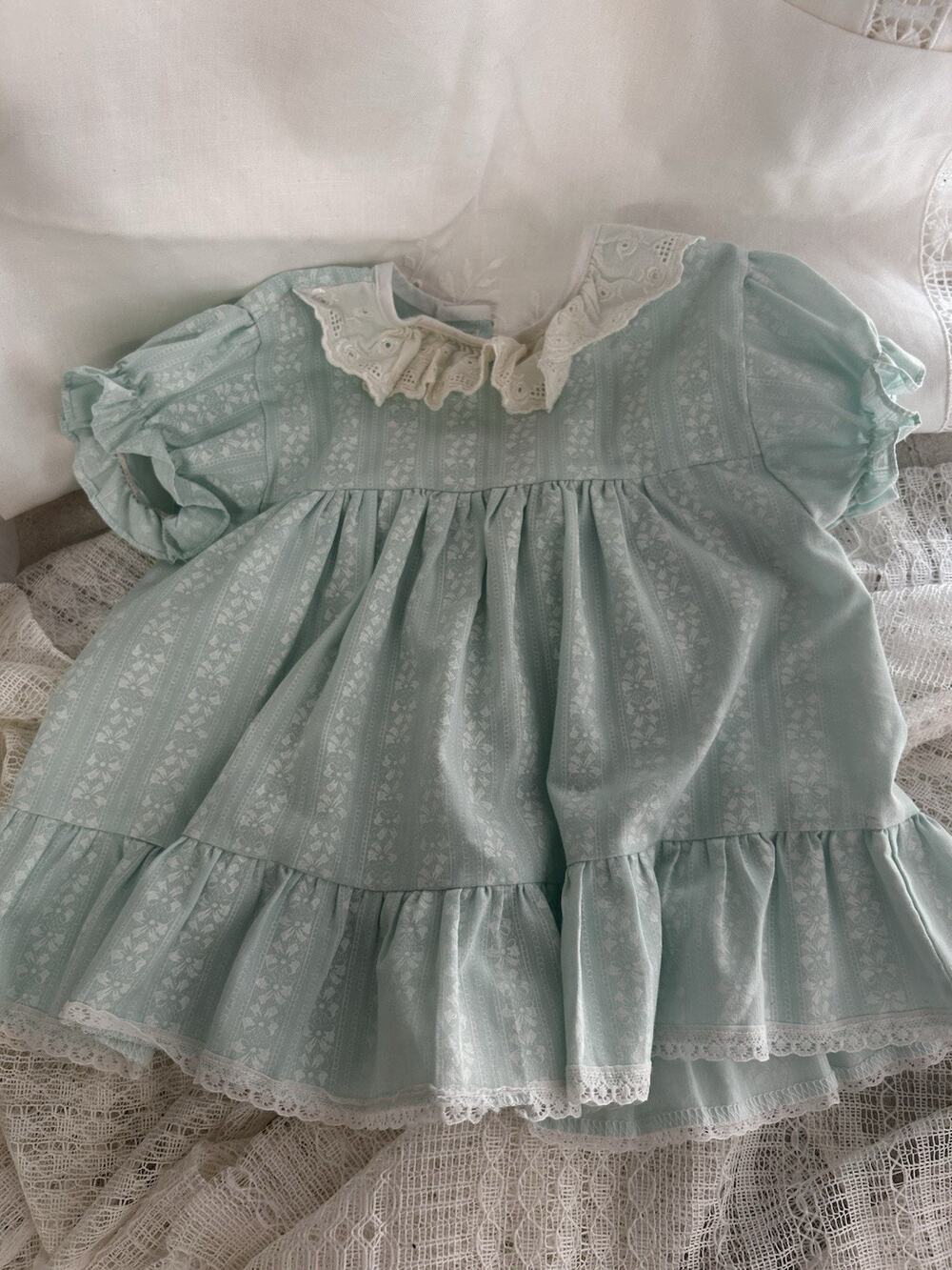 VTG Girls Blue/White Floral Fit & Flare Knee Dress Puff Short Sleeve Lace 6-12M